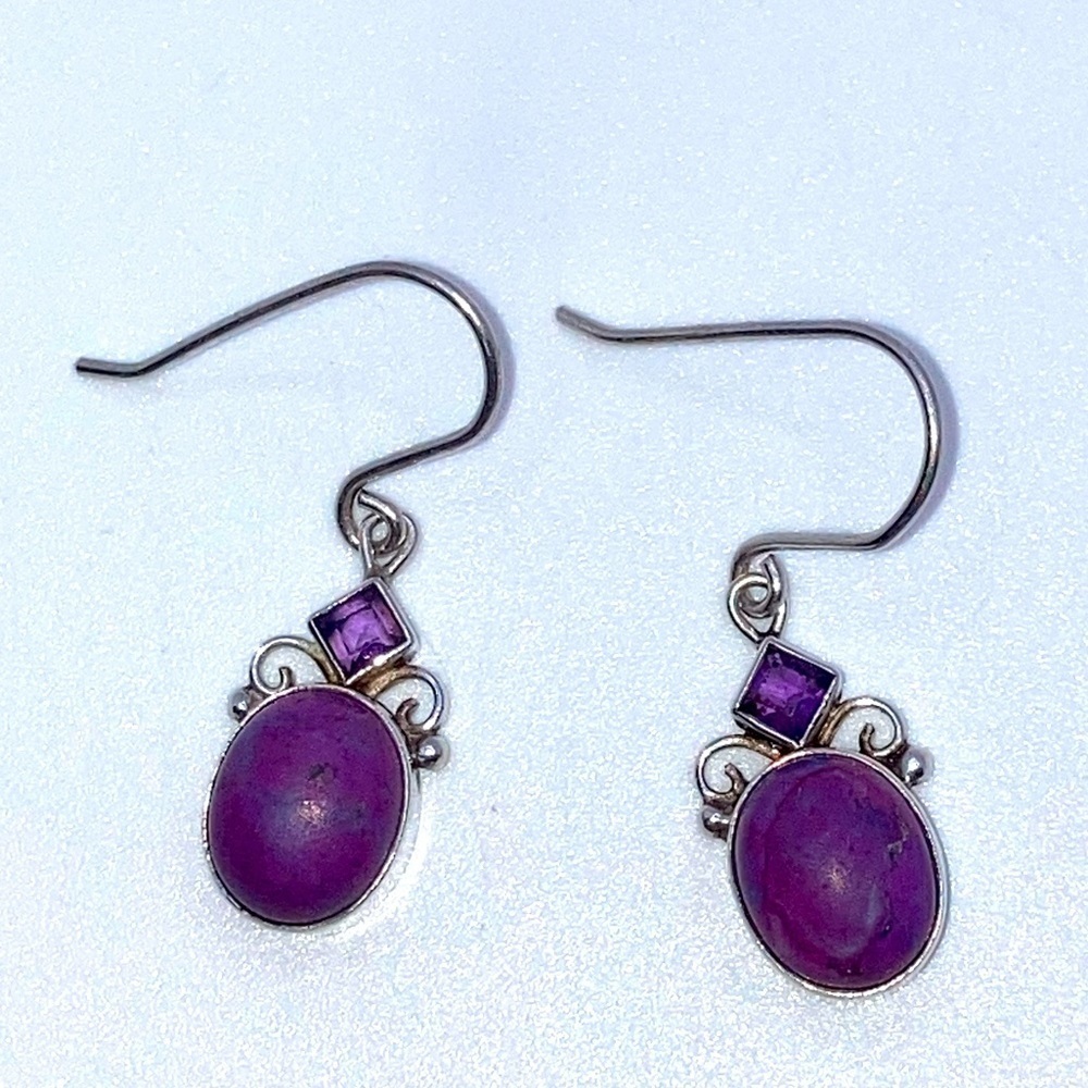 Vtg Sterling Silver Amethyst & Sugilite Stone Hook Earrings 1.2”